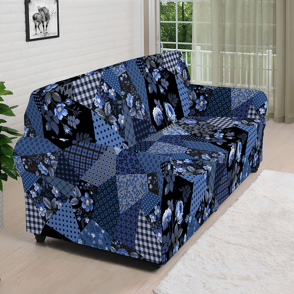 Blue Flower Patchwork Pattern Print Sofa Cover
