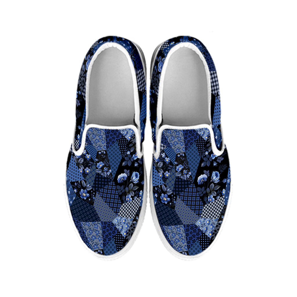 Blue Flower Patchwork Pattern Print White Slip On Shoes