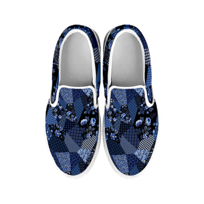 Blue Flower Patchwork Pattern Print White Slip On Shoes