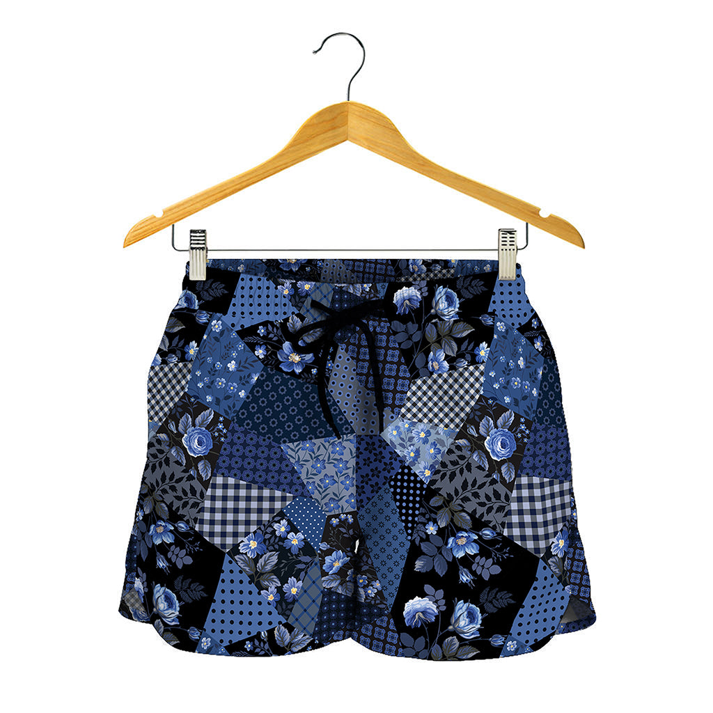 Blue Flower Patchwork Pattern Print Women's Shorts