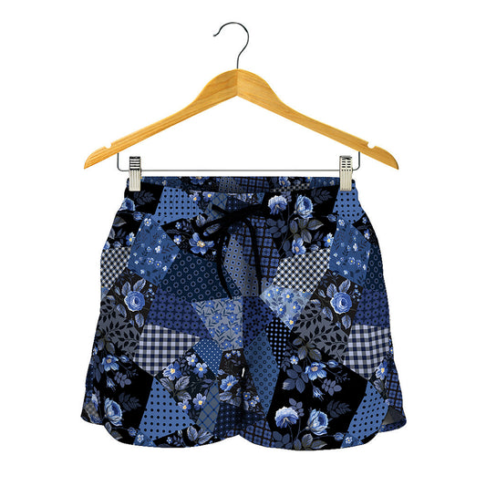Blue Flower Patchwork Pattern Print Women's Shorts