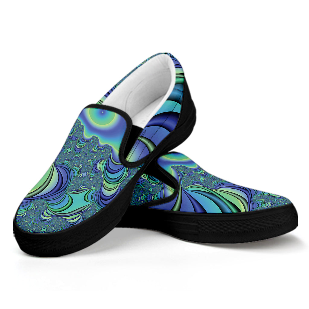 Blue Fractal Print Black Slip On Shoes