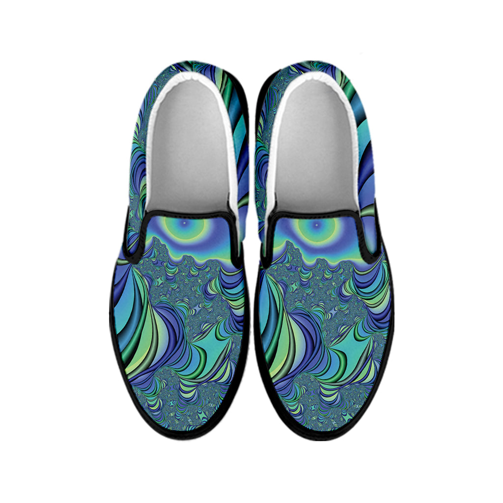 Blue Fractal Print Black Slip On Shoes