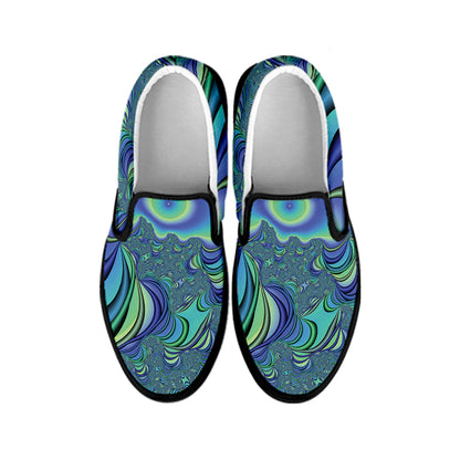 Blue Fractal Print Black Slip On Shoes
