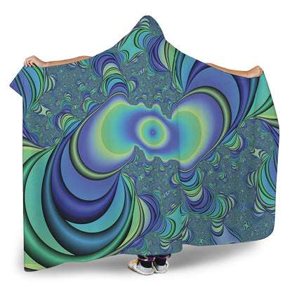 Blue Fractal Print Hooded Blanket