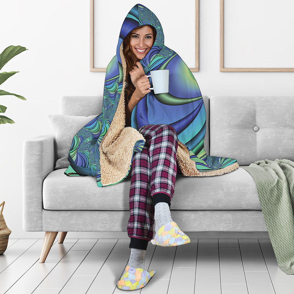 Blue Fractal Print Hooded Blanket