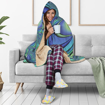 Blue Fractal Print Hooded Blanket