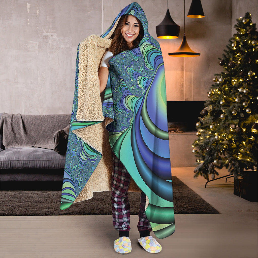 Blue Fractal Print Hooded Blanket