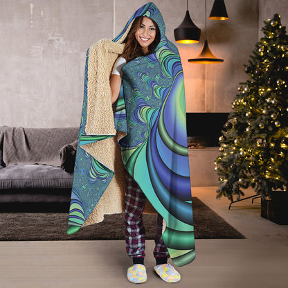 Blue Fractal Print Hooded Blanket