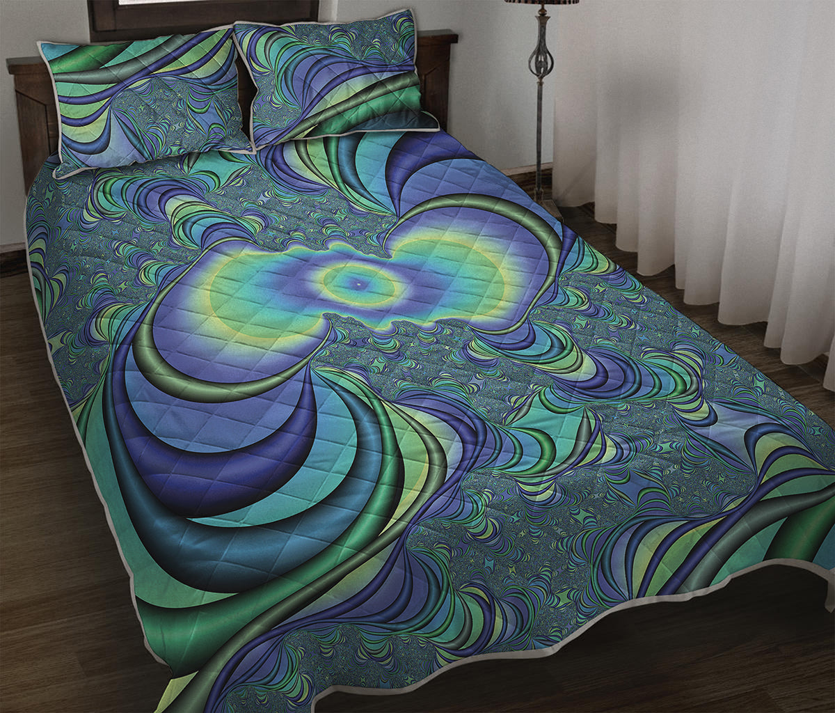 Blue Fractal Print Quilt Bed Set