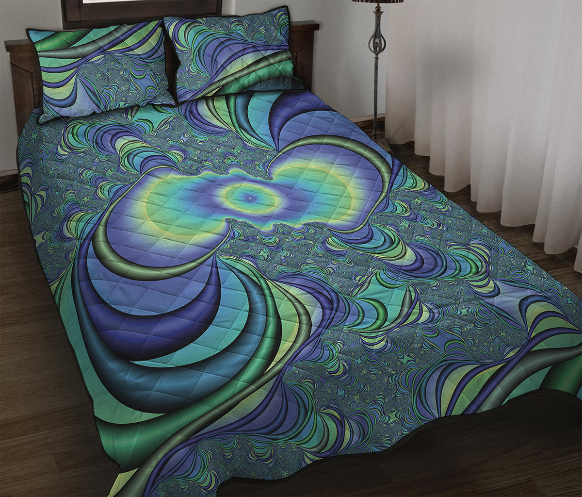 Blue Fractal Print Quilt Bed Set