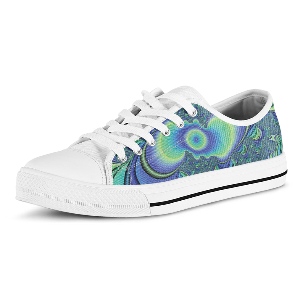Blue Fractal Print White Low Top Shoes