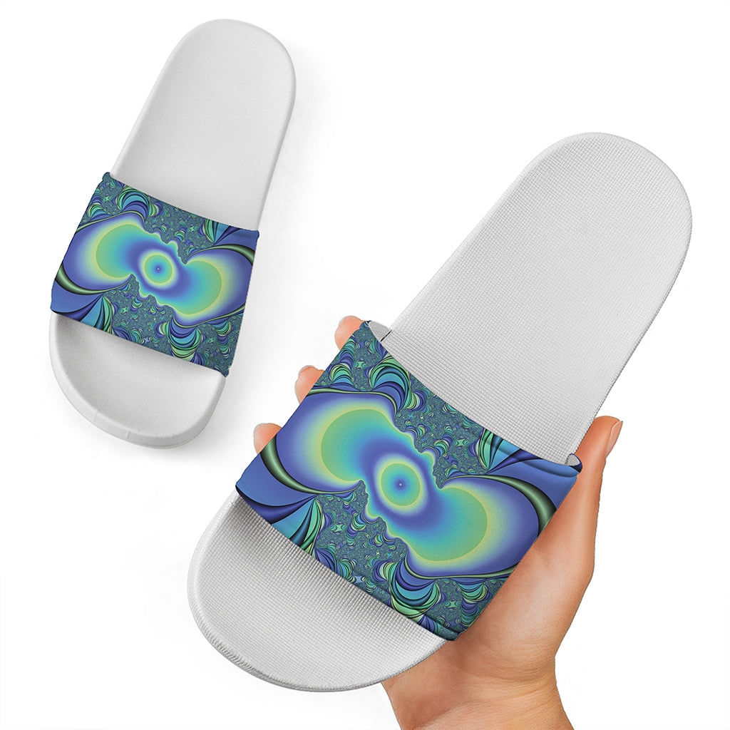 Blue Fractal Print White Slide Sandals