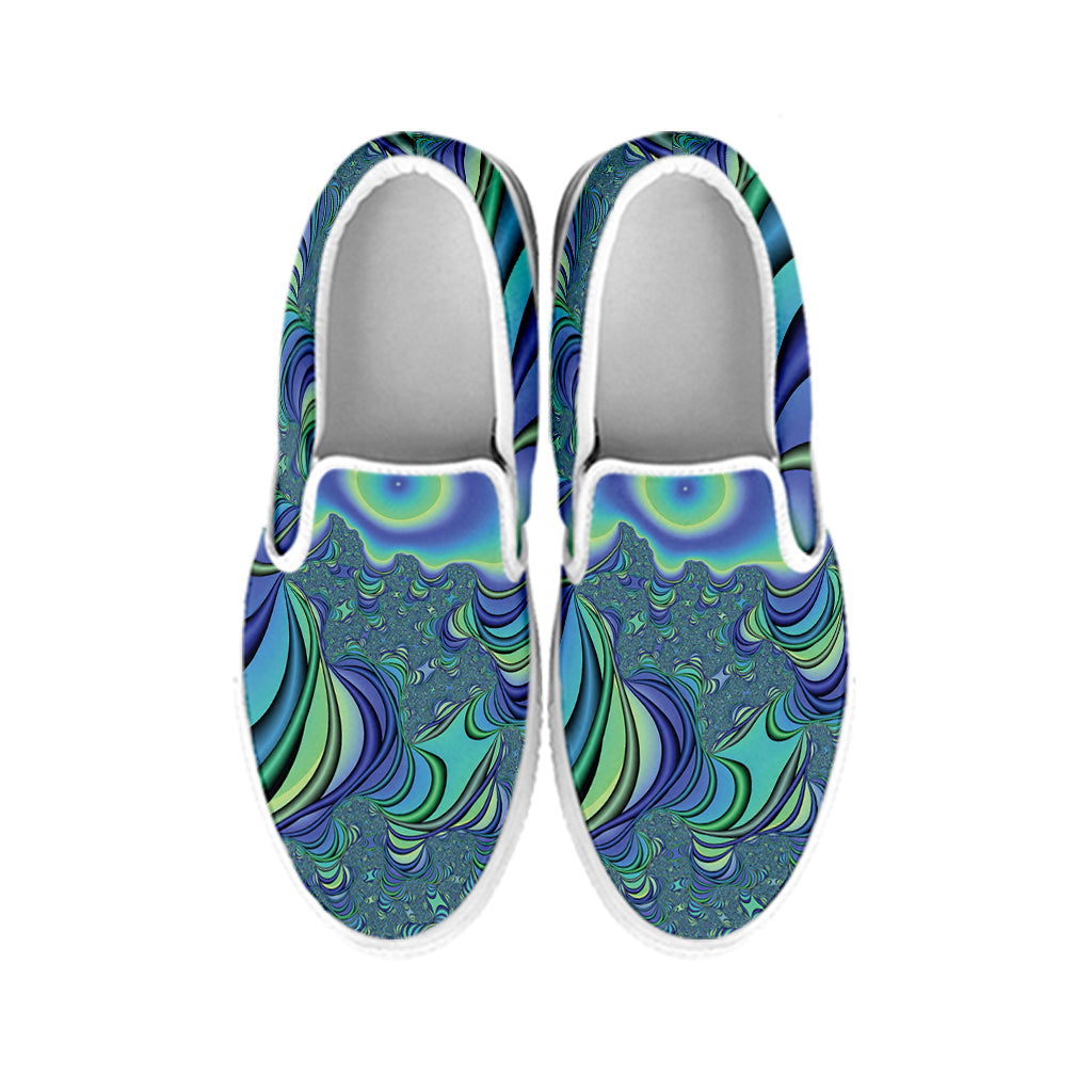 Blue Fractal Print White Slip On Shoes