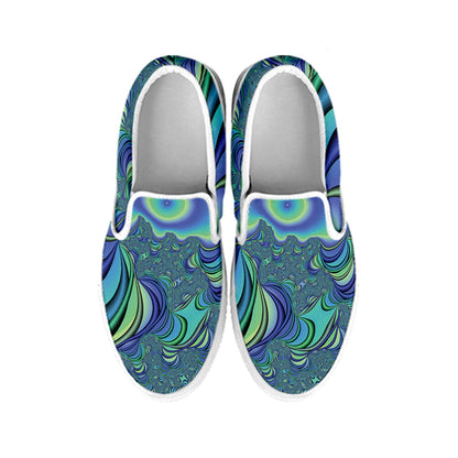 Blue Fractal Print White Slip On Shoes