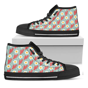 Blue Fried Egg And Bacon Pattern Print Black High Top Shoes