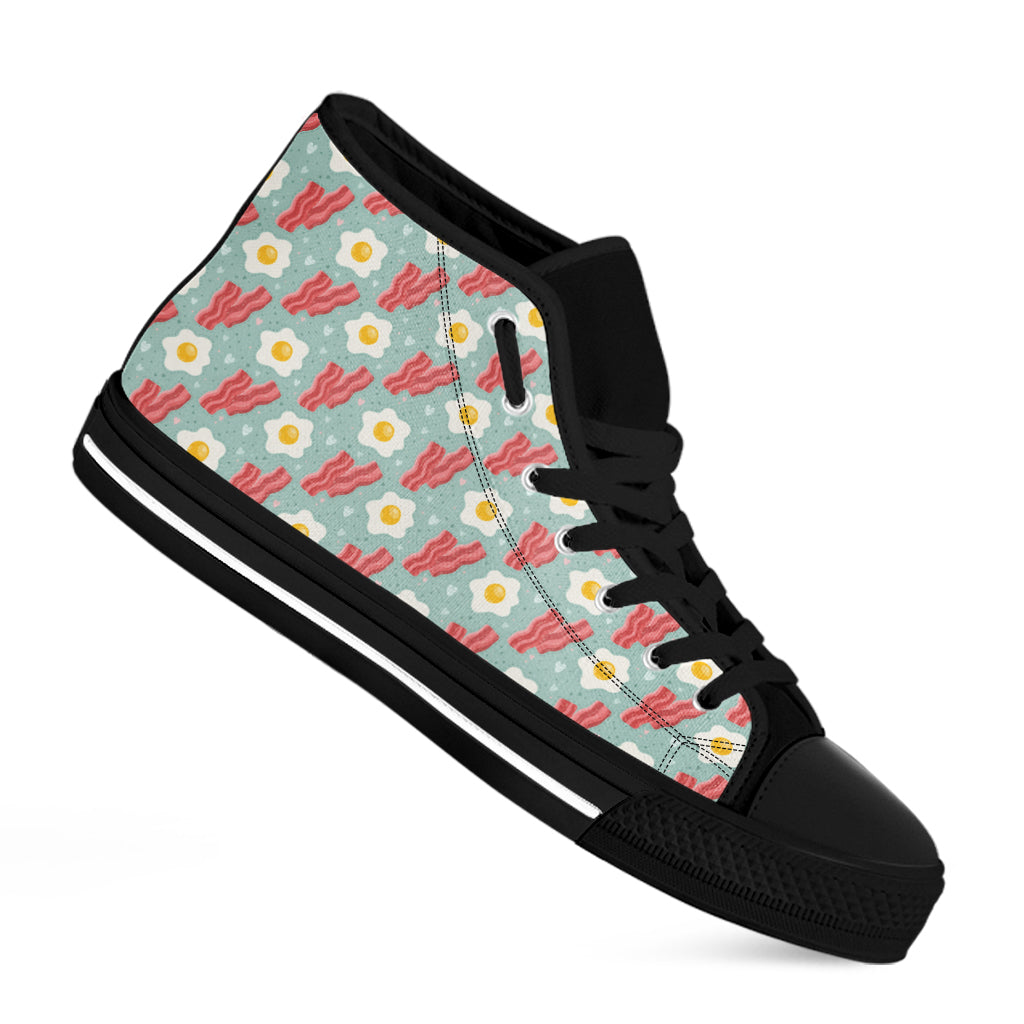 Blue Fried Egg And Bacon Pattern Print Black High Top Shoes