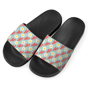 Blue Fried Egg And Bacon Pattern Print Black Slide Sandals