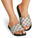 Blue Fried Egg And Bacon Pattern Print Black Slide Sandals