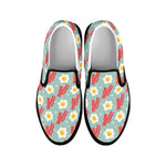 Blue Fried Egg And Bacon Pattern Print Black Slip On Shoes
