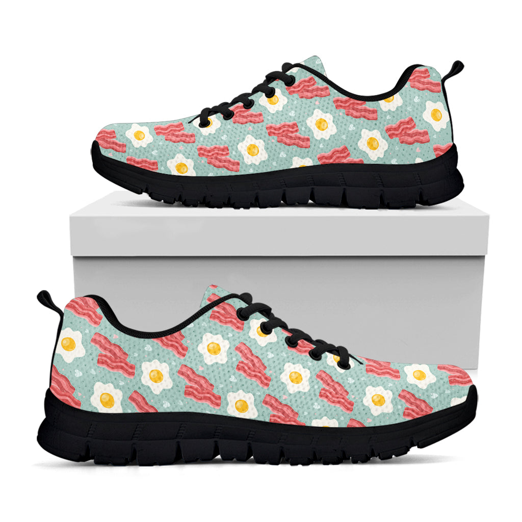 Blue Fried Egg And Bacon Pattern Print Black Sneakers