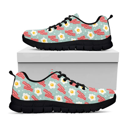 Blue Fried Egg And Bacon Pattern Print Black Sneakers