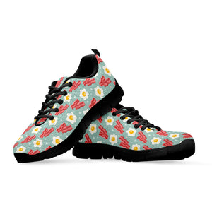 Blue Fried Egg And Bacon Pattern Print Black Sneakers