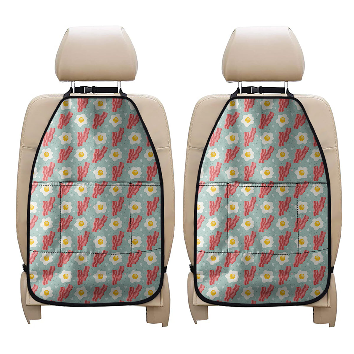 Blue Fried Egg And Bacon Pattern Print Car Seat Organizers