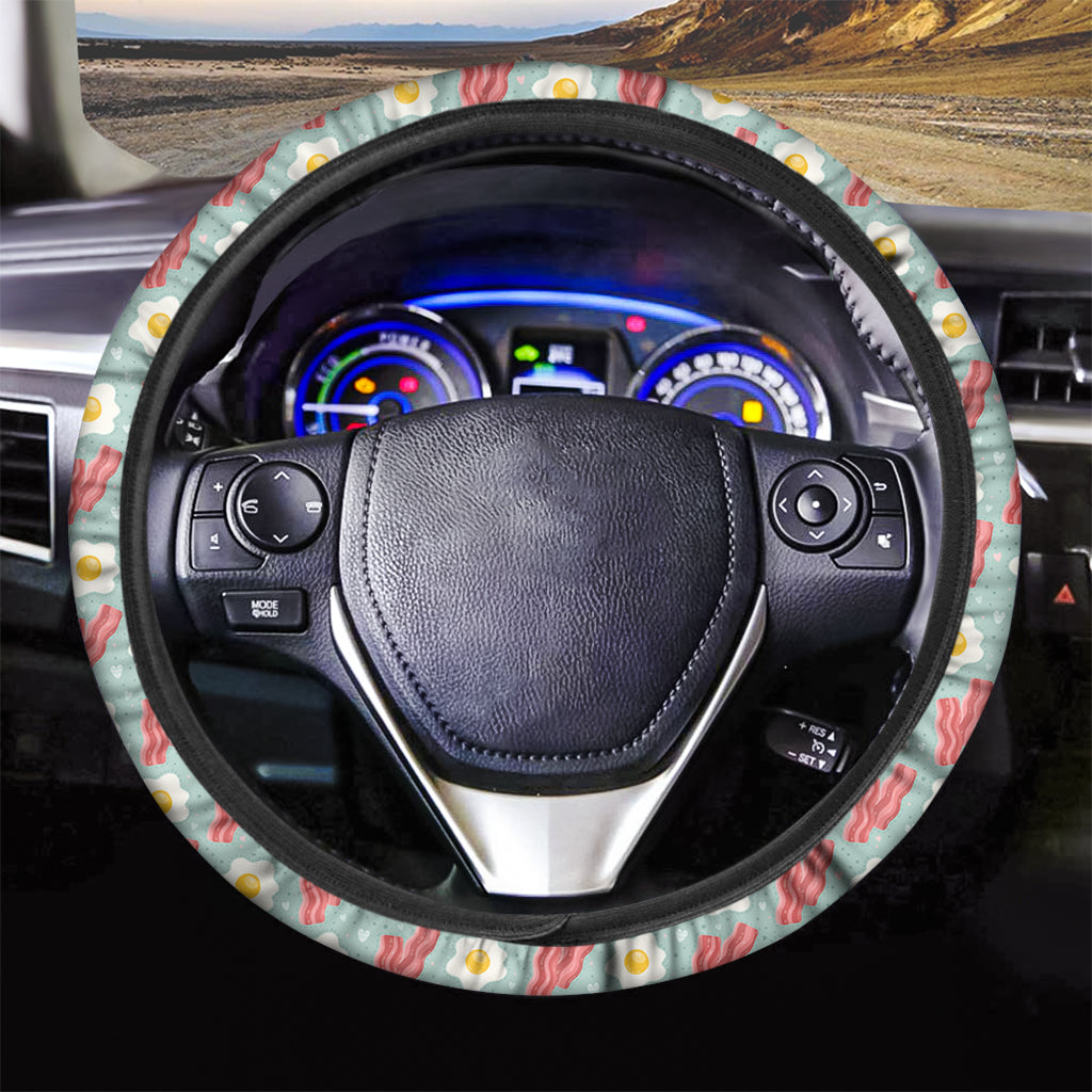 Blue Fried Egg And Bacon Pattern Print Car Steering Wheel Cover