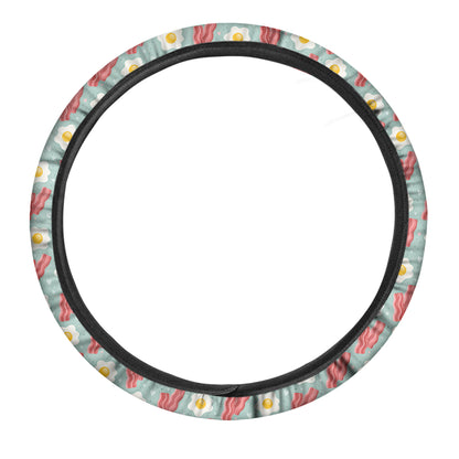 Blue Fried Egg And Bacon Pattern Print Car Steering Wheel Cover