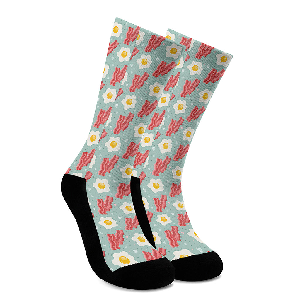 Blue Fried Egg And Bacon Pattern Print Crew Socks