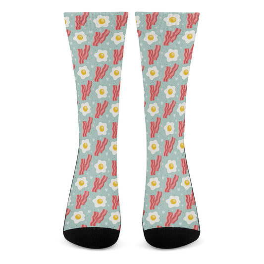 Blue Fried Egg And Bacon Pattern Print Crew Socks
