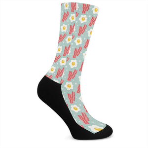 Blue Fried Egg And Bacon Pattern Print Crew Socks