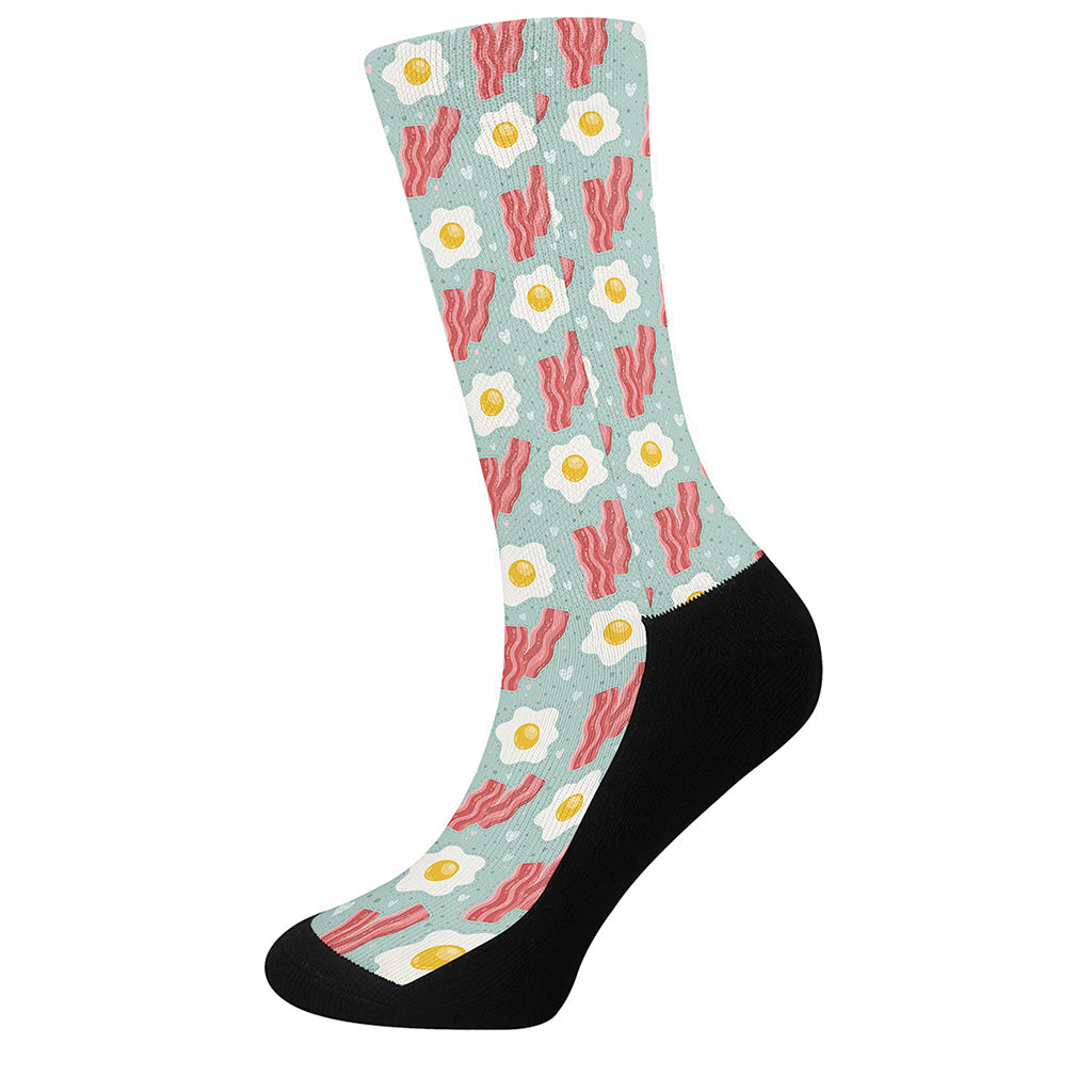 Blue Fried Egg And Bacon Pattern Print Crew Socks