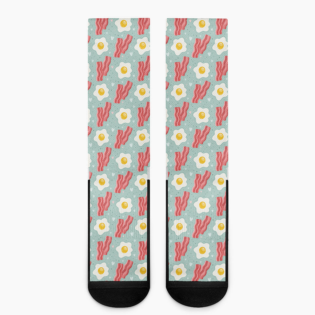 Blue Fried Egg And Bacon Pattern Print Crew Socks