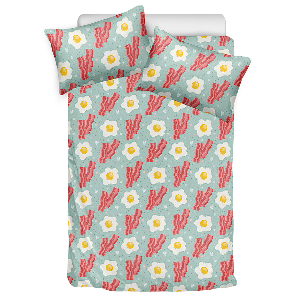 Blue Fried Egg And Bacon Pattern Print Duvet Cover Bedding Set