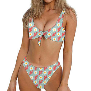 Blue Fried Egg And Bacon Pattern Print Front Bow Tie Bikini