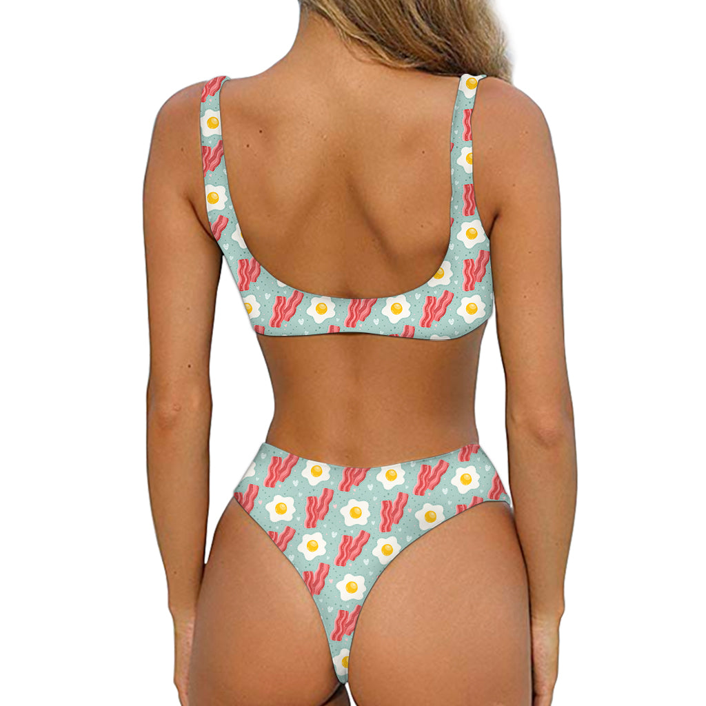 Blue Fried Egg And Bacon Pattern Print Front Bow Tie Bikini