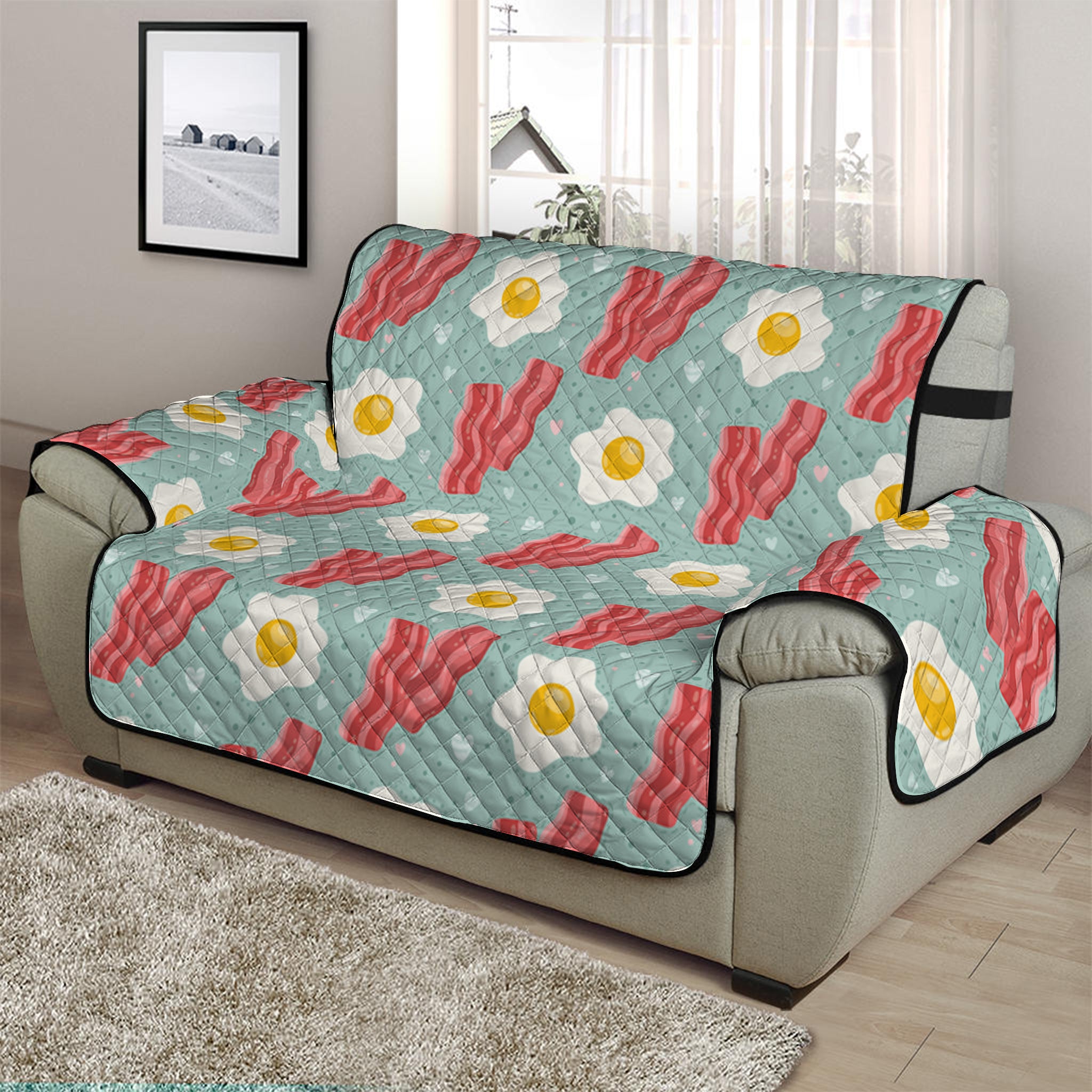 Blue Fried Egg And Bacon Pattern Print Half Sofa Protector