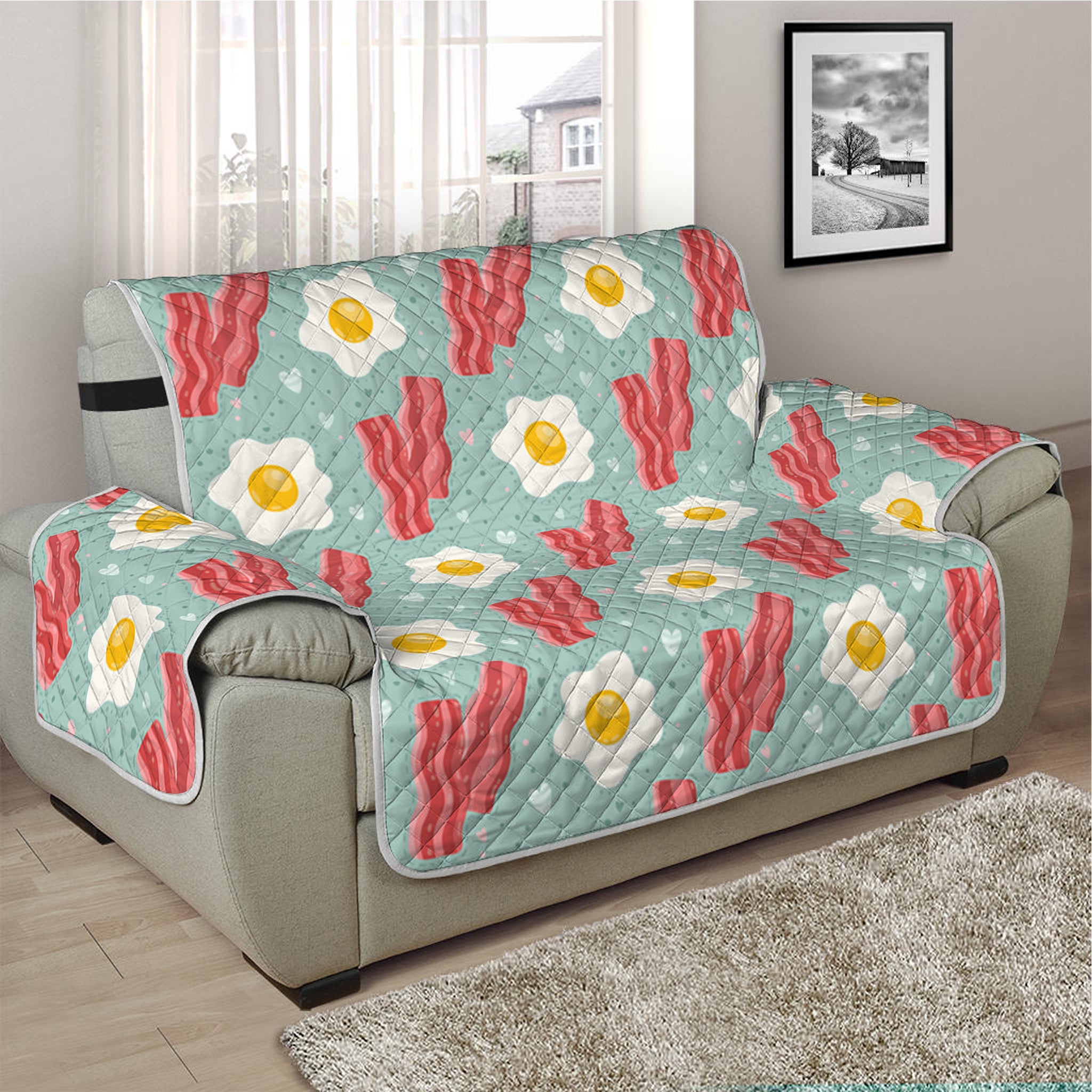 Blue Fried Egg And Bacon Pattern Print Half Sofa Protector