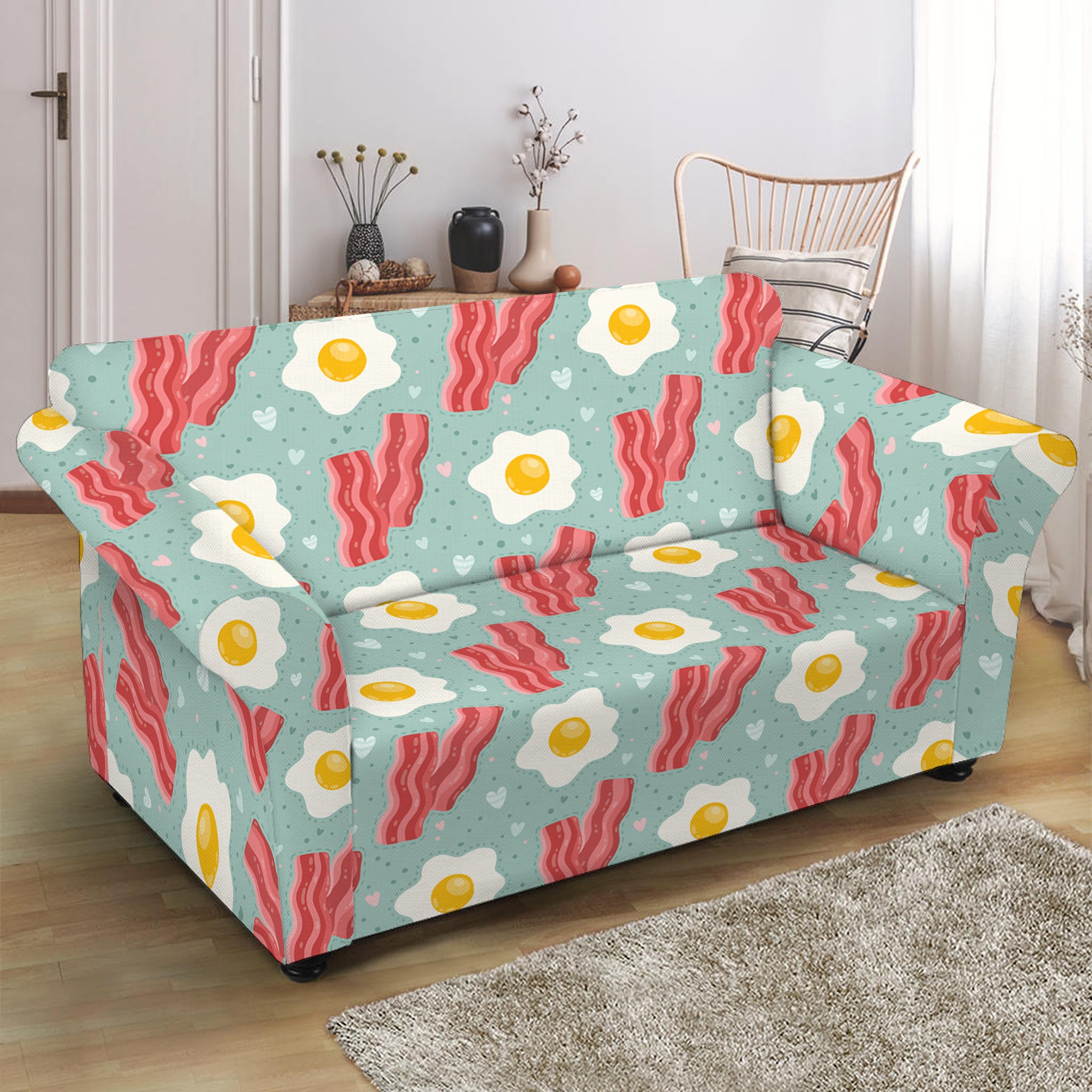 Blue Fried Egg And Bacon Pattern Print Loveseat Slipcover