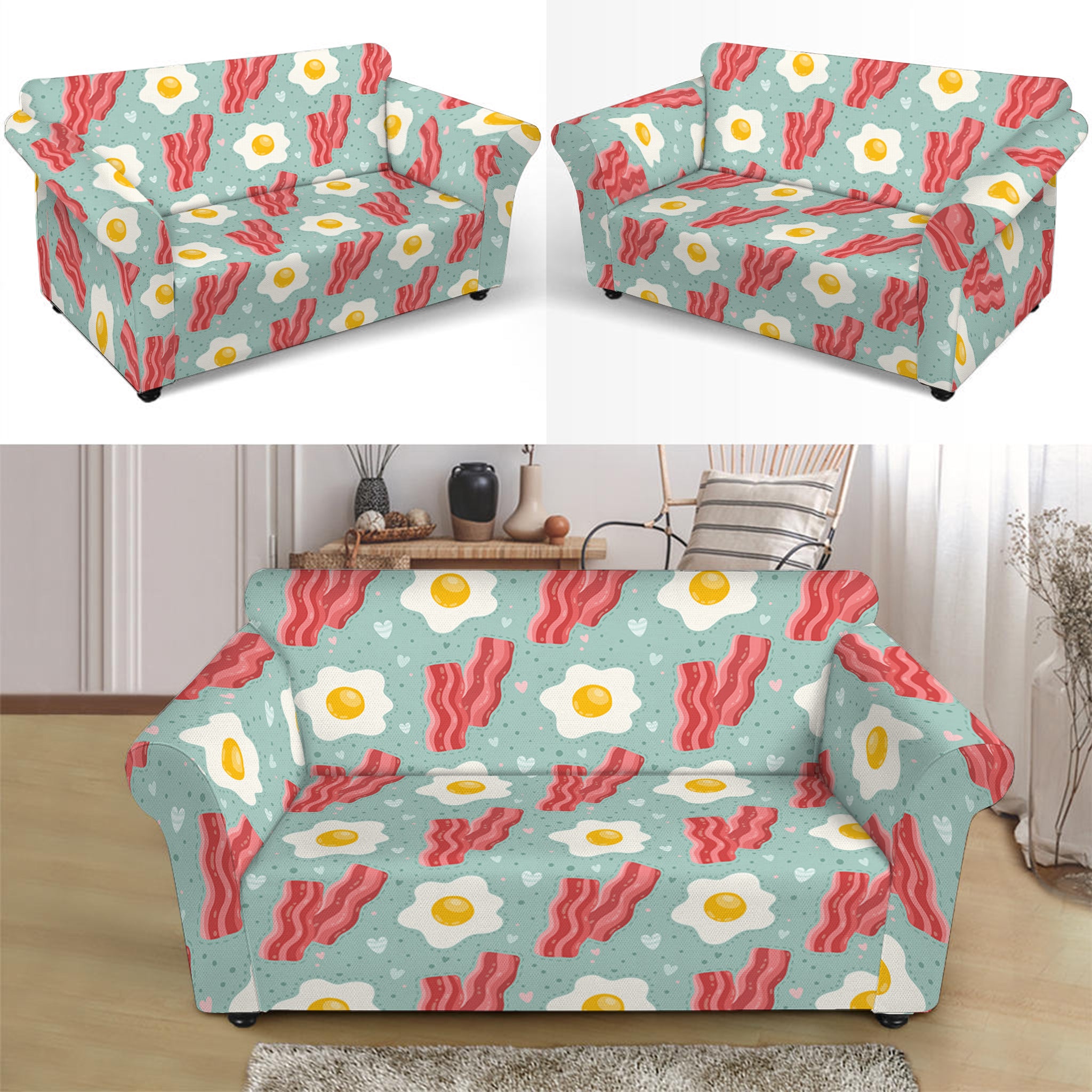 Blue Fried Egg And Bacon Pattern Print Loveseat Slipcover