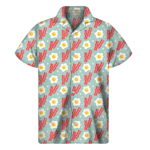 Blue Fried Egg And Bacon Pattern Print Men's Short Sleeve Shirt