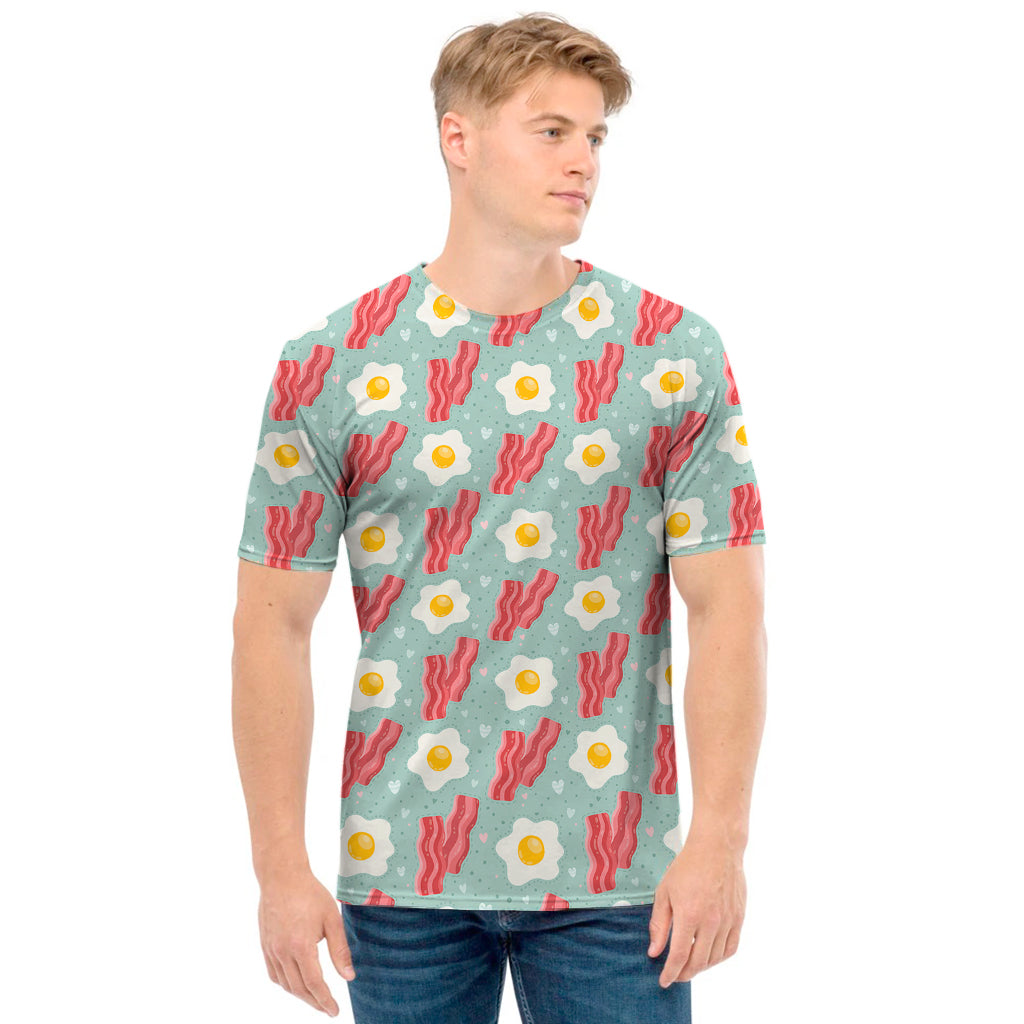 Blue Fried Egg And Bacon Pattern Print Men's T-Shirt