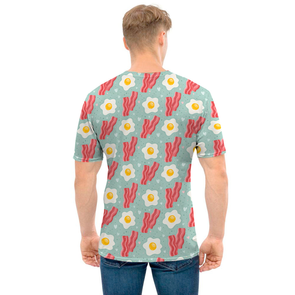 Blue Fried Egg And Bacon Pattern Print Men's T-Shirt