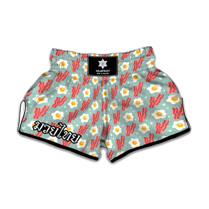 Blue Fried Egg And Bacon Pattern Print Muay Thai Boxing Shorts