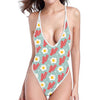 Blue Fried Egg And Bacon Pattern Print One Piece High Cut Swimsuit