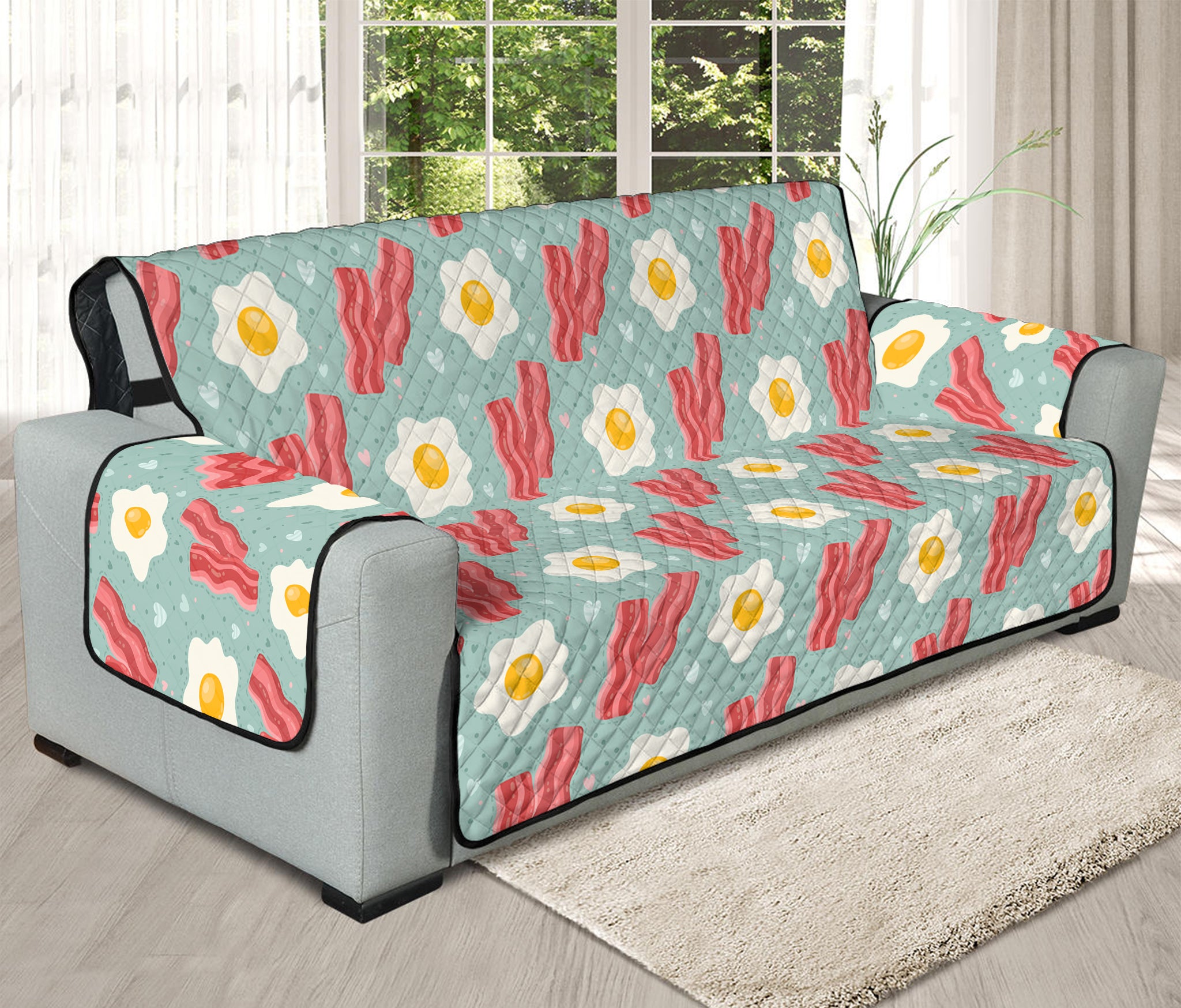 Blue Fried Egg And Bacon Pattern Print Oversized Sofa Protector