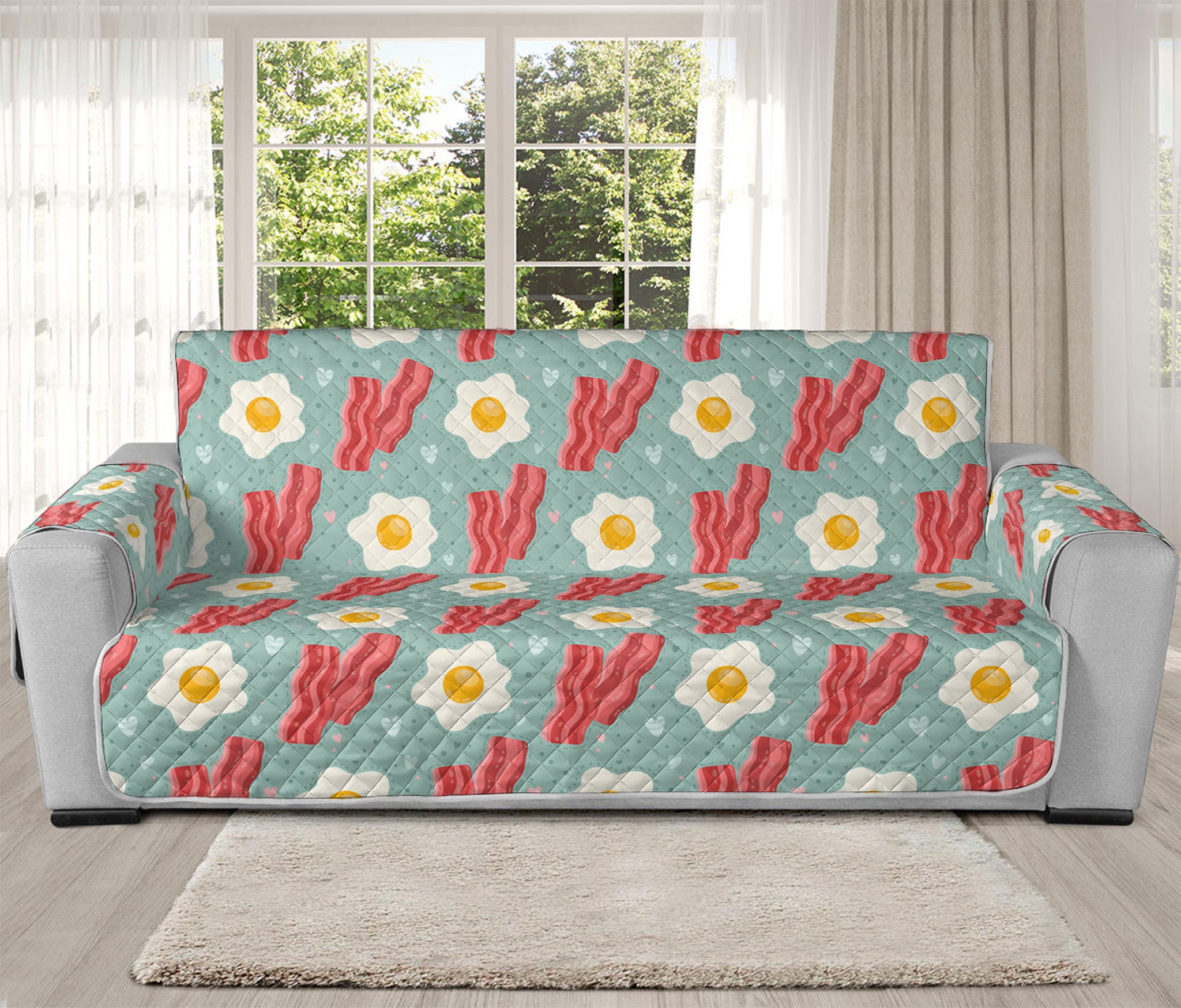 Blue Fried Egg And Bacon Pattern Print Oversized Sofa Protector