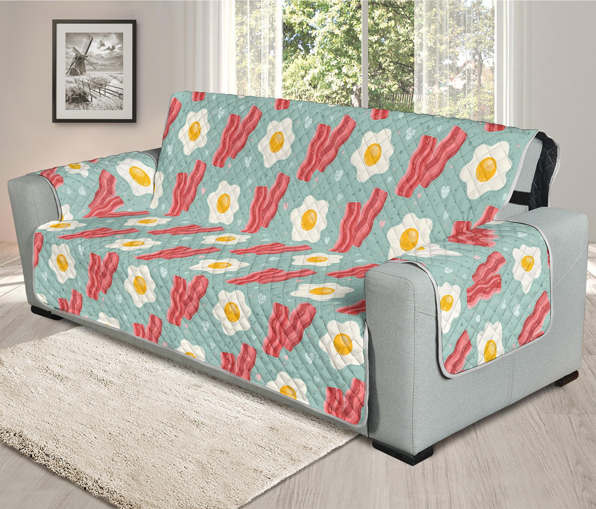 Blue Fried Egg And Bacon Pattern Print Oversized Sofa Protector